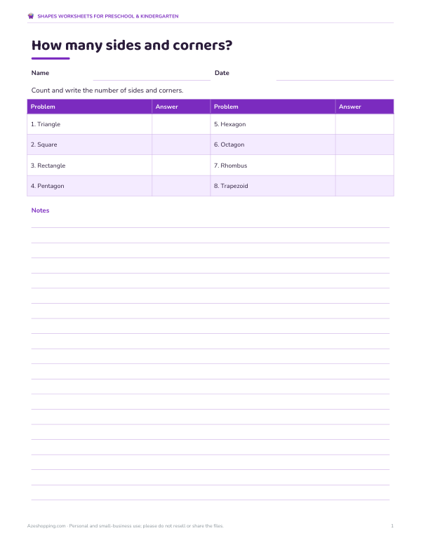 Preview of Sides and Corners Worksheet